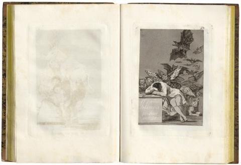 Goya, Francisco de (1746 Fuendetodos - 1828 Bordeaux)  Los Caprichos. 80 Radierungen mit Aquatinta in Schwarzbraun bzw. Schwarz auf Bütten, gebunden in marmoriertes Halbkalbsleder. 