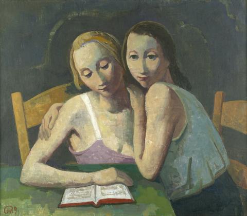 Hofer, Karl (1878 Karlsruhe - 1955 Berlin) Zwei Freundinnen am Tisch mit Buch.