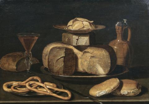 Stilleben mit Käse, Krug, Brezeln, Brot und Wein